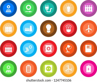 Round color solid flat icon set - bulb vector, oil barrel, battery, brightness, desk lamp, sun panel, windmill, heater, factory, socket, power plug, water, radiator