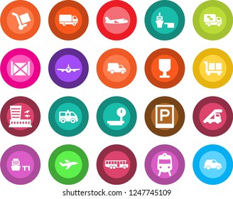 Round color solid flat icon set - airport bus vector, parking, train, ladder car, plane, building, ambulance, delivery, sea port, container, fragile, cargo, heavy scales, moving