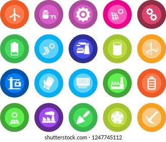 Round color solid flat icon set - gear vector, factory, trowel, glove, truck trailer, sea port, oil barrel, reel, battery, low, sun panel, windmill, crane, hard work