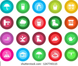 Round color solid flat icon set - watering can vector, bucket, boot, rain, well, pond, drip irrigation, sea shipping, umbrella, warehouse, pool, water supply, drink, filter, warm floor, sprinkler