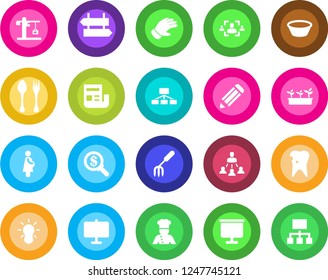 Round color solid flat icon set - spoon and fork vector, signpost, pencil, garden, glove, seedling, caries, pregnancy, presentation board, news, hr, hierarchy, crane, cook, bowl, bulb, money search