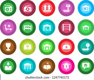Round color solid flat icon set - bird house vector, doctor case, fragile, up side sign, no trolley, warehouse, package, heavy scales, rack, radio, mailbox, garage gate control, home message