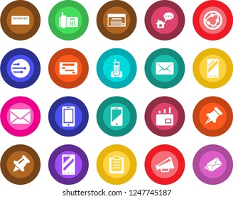 Round color solid flat icon set - mobile phone vector, mail, office, loudspeaker, network, cell, paper pin, clipboard, reserved, home message, schedule