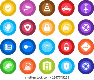 Round color solid flat icon set - plane radar vector, security gate, smoking place, alarm car, border cone, glove, hose, heart shield, protect, lock, key, intercome, surveillance, sprinkler