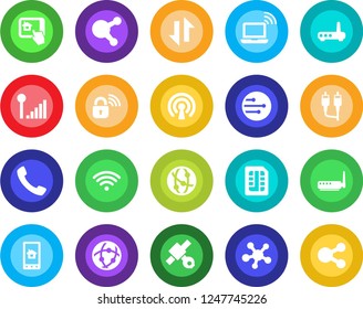 Round color solid flat icon set - wireless notebook vector, satellite, network, share, rca, call, sim, data exchange, cellular signal, lock, router, home control app, social media