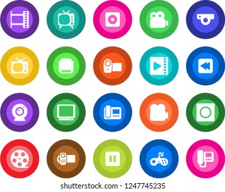 Round color solid flat icon set - film frame vector, reel, tv, gamepad, video camera, pause button, rewind, rec, hdmi, record, web, intercome