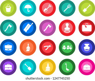 Round color solid flat icon set - suitcase vector, stamp, baggage larry, job, shovel, farm fork, bucket, pruner, axe, umbrella, themes, case, ladle