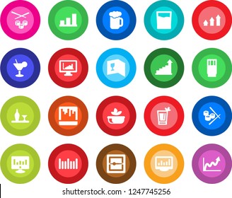 Round color solid flat icon set - growth statistic vector, monitor, barcode, scanner, statistics, bar graph, alcohol, wine card, drink, cocktail, phyto, beer, salad, sushi, arrow up