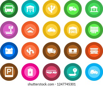 Round color solid flat icon set - airport bus vector, parking, route, railroad, truck trailer, car delivery, heavy scales, garage, gate control, battery