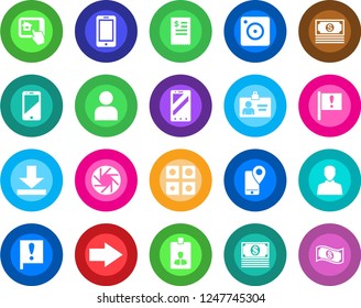 Round color solid flat icon set - right arrow vector, mobile phone, identity card, important flag, cash, tracking, cell, camera, user, download, application, restaurant receipt, home control app