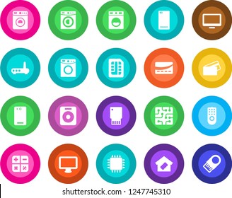 Round color solid flat icon set - washer vector, calculator, monitor, speaker, phone back, sim, smart home, credit card, chip, remote control, router, usb flash