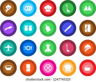 Round color solid flat icon set - fridge vector, cook, restaurant table, cafe, hat, plates, waiter, salt and pepper, ladle, bowl, cutting board, knife, steaming pan
