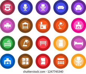 Round color solid flat icon set - bed vector, checkroom, bench, fireplace, office chair, desk lamp, children room, cushioned furniture, restaurant table, alcove, fridge