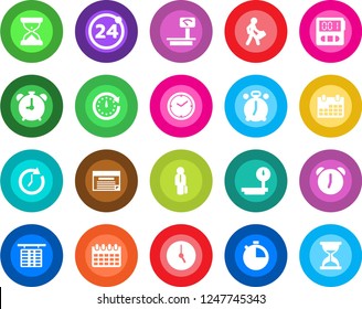 Round color solid flat icon set - 24 around vector, alarm clock, flight table, calendar, heavy scales, stopwatch, manager, schedule, sand