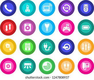 Round color solid flat icon set - wireless notebook vector, radar, tomography, implant, office phone, 24 hours, gamepad, settings, remote control, speaker, rec button, rca, call, data exchange, home