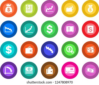 Round color solid flat icon set - credit card vector, safe, dollar sign, money bag, crisis graph, cash, receipt, wallet, growth, search