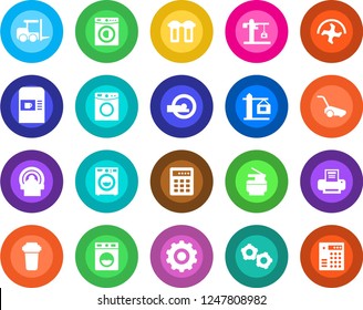 Round color solid flat icon set - coffee machine vector, fork loader, gear, ripper, lawn mower, tomography, printer, copier, washer, crane, water filter, combination lock