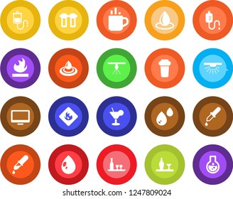Round color solid flat icon set - hot cup vector, water drop, dropper, flammable, monitor, alcohol, cocktail, filter, sprinkler, flask