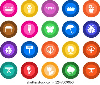 Round color solid flat icon set - umbrella vector, flower in pot, ripper, tree, butterfly, lady bug, seedling, rain, plant label, picnic table, tulip