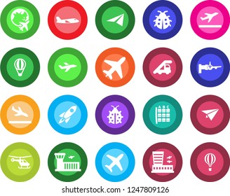 Round color solid flat icon set - plane vector, departure, arrival, ladder car, boarding, helicopter, seat map, globe, airport building, lady bug, rocket, paper, air balloon