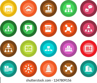 Round color solid flat icon set - hierarchy vector, well, molecule, hospital, office building, garage, plan, home message