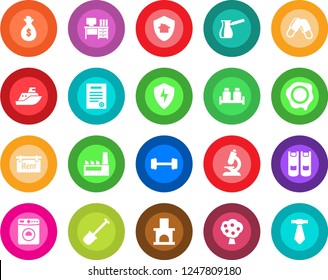 Round color solid flat icon set - washer vector, book, desk, stamp, shovel, fireplace, microscope, pills, barbell, sea shipping, protect, contract, fruit tree, rent, factory, salt and pepper, home