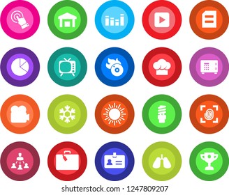 Round color solid flat icon set - suitcase vector, identity, sun, safe, document, lungs, warehouse, flame disk, tv, equalizer, video camera, touch screen, play button, pie graph, hierarchy, cook hat