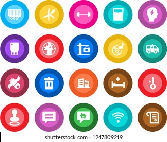 Round color solid flat icon set - stamp vector, brainstorm, ambulance car, barbell, hospital bed, earth, satellite, truck trailer, message, music, office building, wireless, crane, drink, trash bin