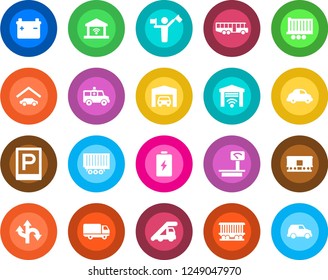 Round color solid flat icon set - dispatcher vector, airport bus, parking, ladder car, ambulance, route, railroad, truck trailer, delivery, heavy scales, garage, gate control, battery