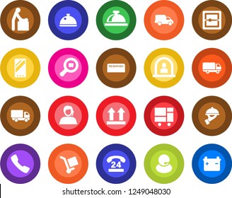 Round color solid flat icon set - reception bell vector, baby room, 24 hours, support, car delivery, consolidated cargo, up side sign, search, mobile, call, scanner, dish, reserved, waiter, battery