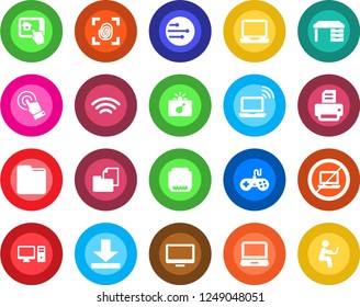 Round color solid flat icon set - no laptop vector, bomb in case, wireless notebook, desk, printer, folder document, gamepad, touch screen, monitor, pc, hdmi, network, download, fingerprint