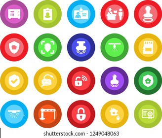 Round color solid flat icon set - barrier vector, passport control, stamp, safe, identity card, hose, shield, sd, lock, face id, estate insurance, home, wireless, protect, pass, sprinkler