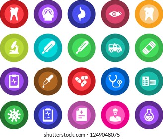 Round color solid flat icon set - diagnosis vector, stethoscope, dropper, thermometer, microscope, pills, patch, tomography, ambulance car, stomach, caries, eye, pulse clipboard, hospital, doctor