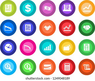 Round color solid flat icon set - dollar sign vector, abacus, receipt, bar graph, pie, point, handshake, contract, credit card, crisis, money search, cash, calculator