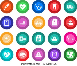 Round color solid flat icon set - heart pulse vector, diagnosis, stethoscope, dropper, ambulance car, bike, caries, clipboard, diet, hospital, pool, salad, bread, omelette, cheese