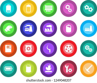 Round color solid flat icon set - gear vector, factory, glove, sickle, truck trailer, flammable, oil barrel, reel, battery, low, root setup, water heater, hard work