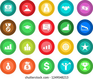 Round color solid flat icon set - dispatcher vector, handshake, growth statistic, dollar sign, medal, graduate, money bag, bar graph, target, police, arrow up, motivation, crisis, cash, certificate