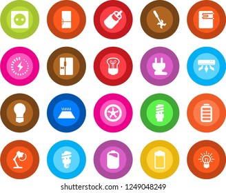 Round color solid flat icon set - bulb vector, ripper, battery, rca, charge, desk lamp, air conditioner, fridge, socket, power plug, fan, water heater, warm floor, energy saving, idea