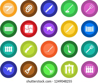 Round color solid flat icon set - security gate vector, farm fork, rake, wheelbarrow, pruner, saw, hoe, garden knife, scalpel, cargo container, application, paper clip, ladle, radiator