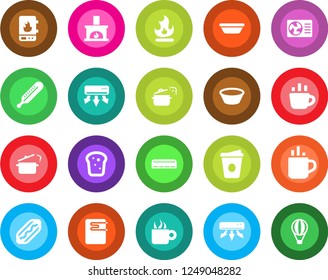 Round color solid flat icon set - hot cup vector, coffee, fire, thermometer, fireplace, air conditioner, bread, dog, bowl, steaming pan, water heater, balloon