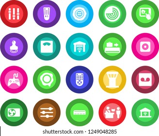 Round color solid flat icon set - airport tower vector, baggage conveyor, passport control, radar, stamp, scales, gamepad, settings, remote, rec button, tuning, record, air conditioner, home app
