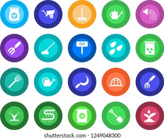 Round color solid flat icon set - job vector, garden fork, farm, rake, watering can, wheelbarrow, hoe, sickle, plant label, greenhouse, seeds, fertilizer, drip irrigation