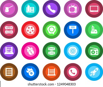 Round color solid flat icon set - phone vector, abacus, stamp, plant label, reel, flame disk, radio, tv, call, open close, turkish coffee, rocket