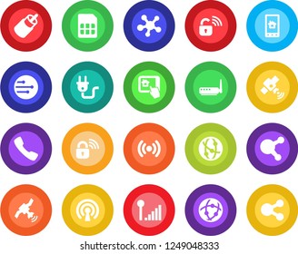 Round color solid flat icon set - satellite vector, network, share, rca, call, sim, cellular signal, power plug, wireless lock, router, home control app, social media
