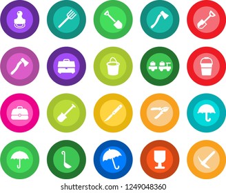 Round color solid flat icon set - umbrella vector, baggage larry, job, shovel, farm fork, bucket, pruner, axe, scalpel, fragile, case, stamp, ladle, hard work