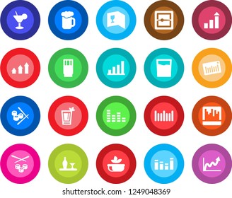 Round color solid flat icon set - growth statistic vector, barcode, equalizer, scanner, bar graph, alcohol, wine card, drink, cocktail, phyto, beer, salad, sushi, arrow up