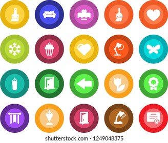 Round color solid flat icon set - left arrow vector, pennant, butterfly, heart, tulip, themes, sertificate, desk lamp, cushioned furniture, restaurant table, candle, snowflake, outdoor, door, pennon