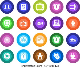 Round color solid flat icon set - alarm clock vector, tv, abacus, stamp, fireplace, film frame, vinyl, flame disk, gallery, ink pen, house with tree, power plug