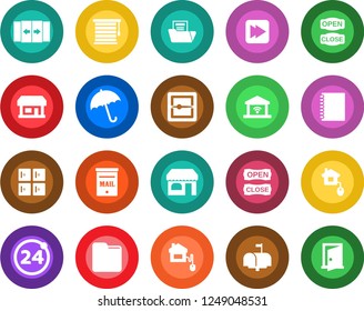 Round color solid flat icon set - 24 around vector, automatic door, umbrella, shop, checkroom, store, fast forward, scanner, folder, copybook, document, mailbox, open close, home control, jalousie