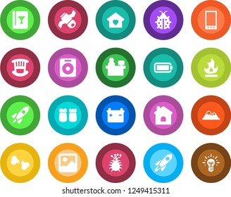 Round color solid flat icon set - manager place vector, lady bug, fire, house, broken bone, virus, satellite, speaker, mobile, gallery, battery, mountains, children room, sweet home, wine card, idea